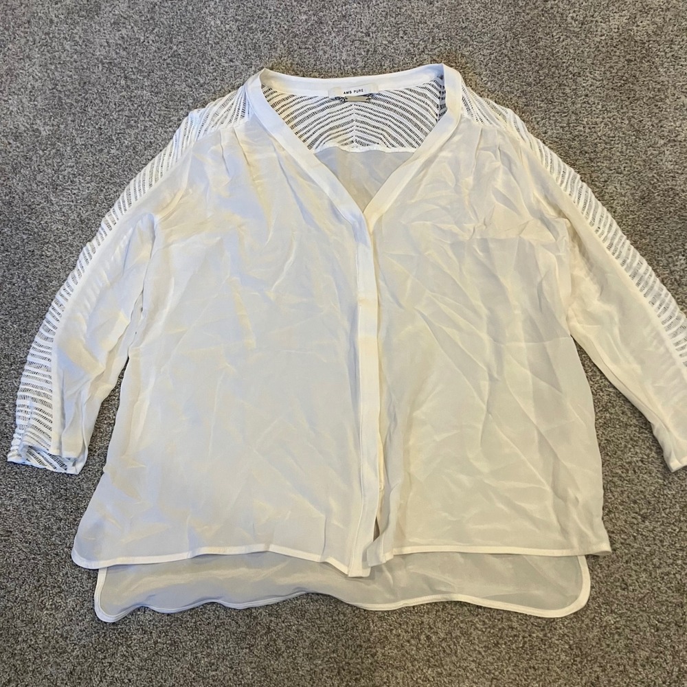 White Crochet Panel V-Neck Button Down Blouse Long Sleeve Breezy Size M Coastal